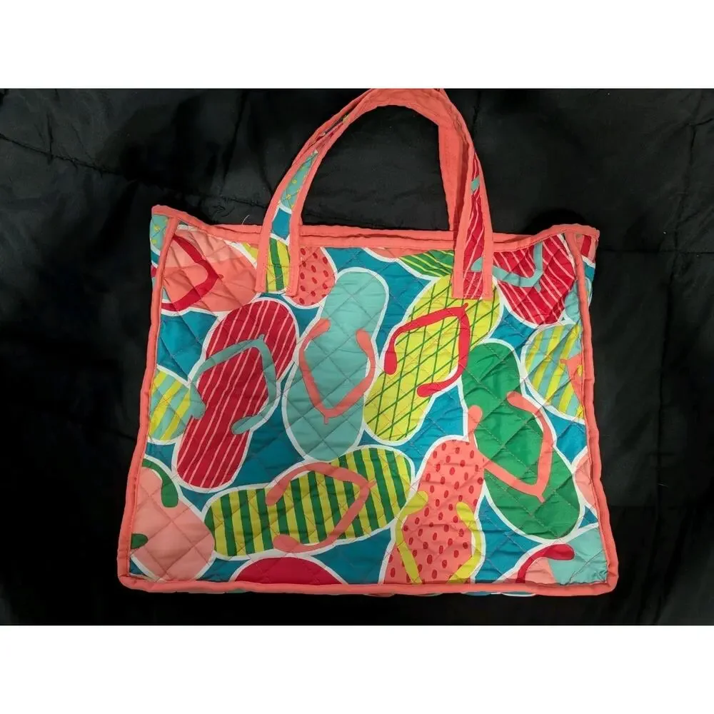 Vibrant Quilted Flip Flop Beach Bag Tote With Pocket Multi-color Large Summer - Picture 1 of 10